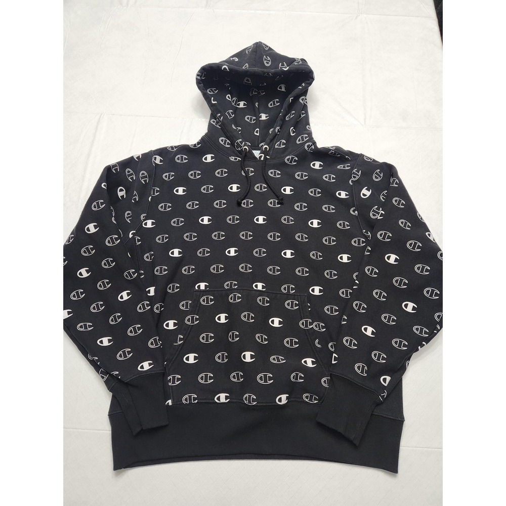 Champion Reverse Weave Hoodie Mens Large Black All Over C Logo Fleece Pullover